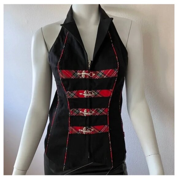 Tripp NYC Plaid Halter Corset Top Medium Red Black Zipper Buckles Punk Goth Y2K - Picture 1 of 6